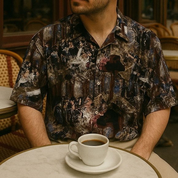 Guy Buffet Parisian Cafe Silk Button Front Camp Shirt Men Medium Casual Luxury - Picture 1 of 8